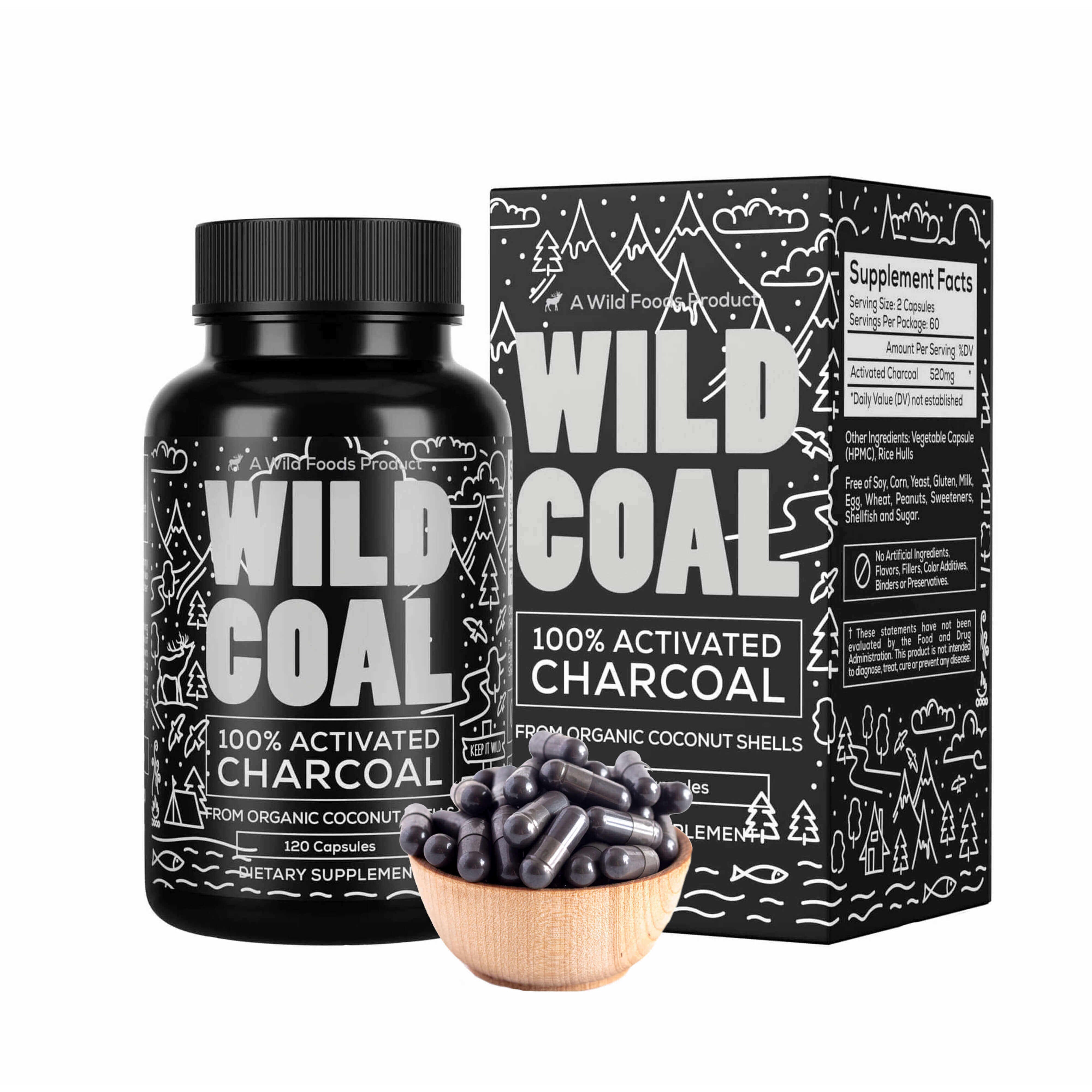 Activated Charcoal Capsules made from 100% Organic Coconuts, 120ct