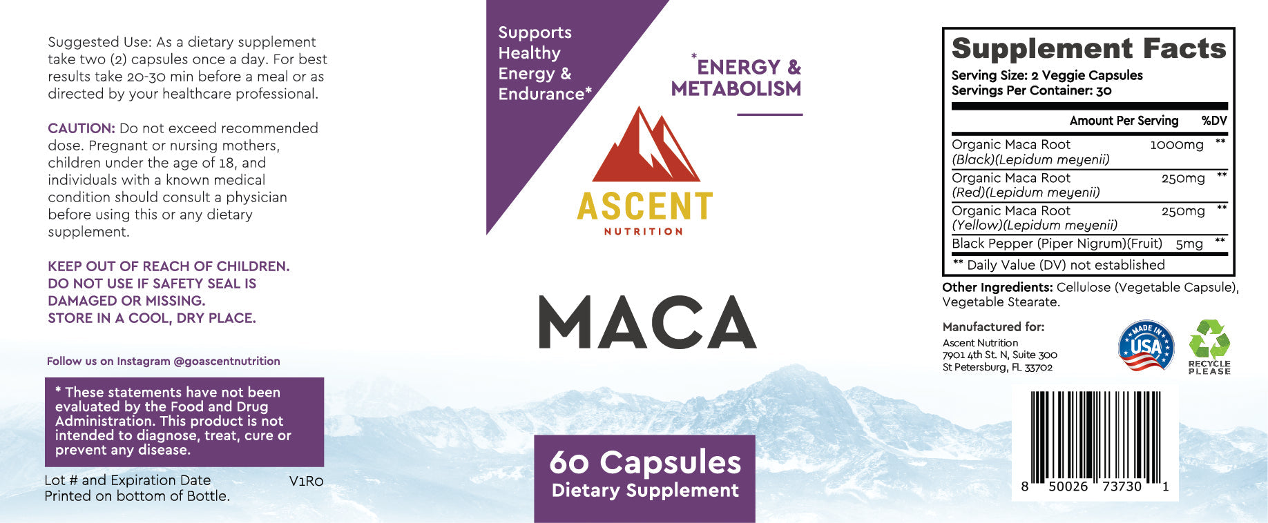 Organic Maca Root, 60 Capsules, 1500 mg each