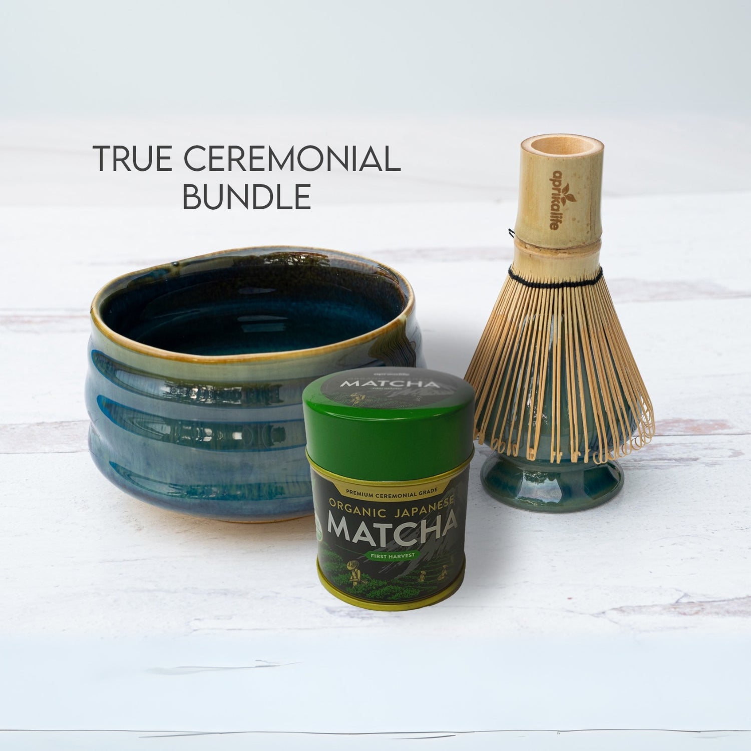 Blue Ceramic Matcha Bowl and Bamboo Whisk Set by Aprika Life
