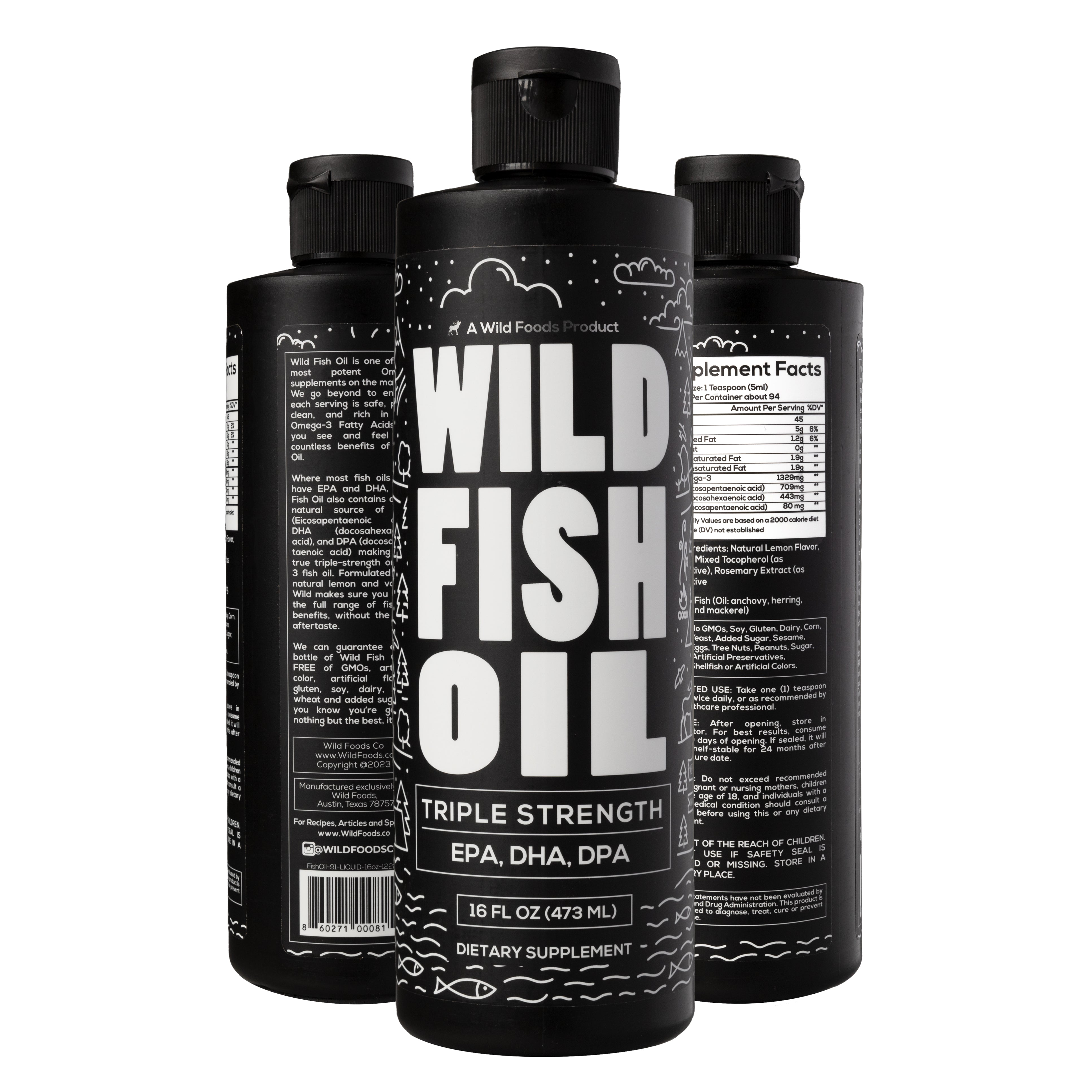 Wild Fish Oil Liquid, 16oz, Omega-3 DHA, EPA, DPA