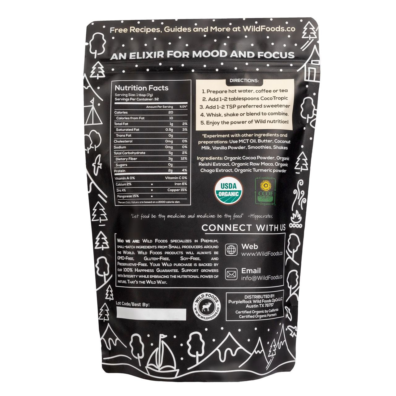 CocoTropic Organic Cocoa Mushroom Mix - Delicious Crash-Proof Energy & Focus - 7000 mg of Adaptogens by Wild Foods