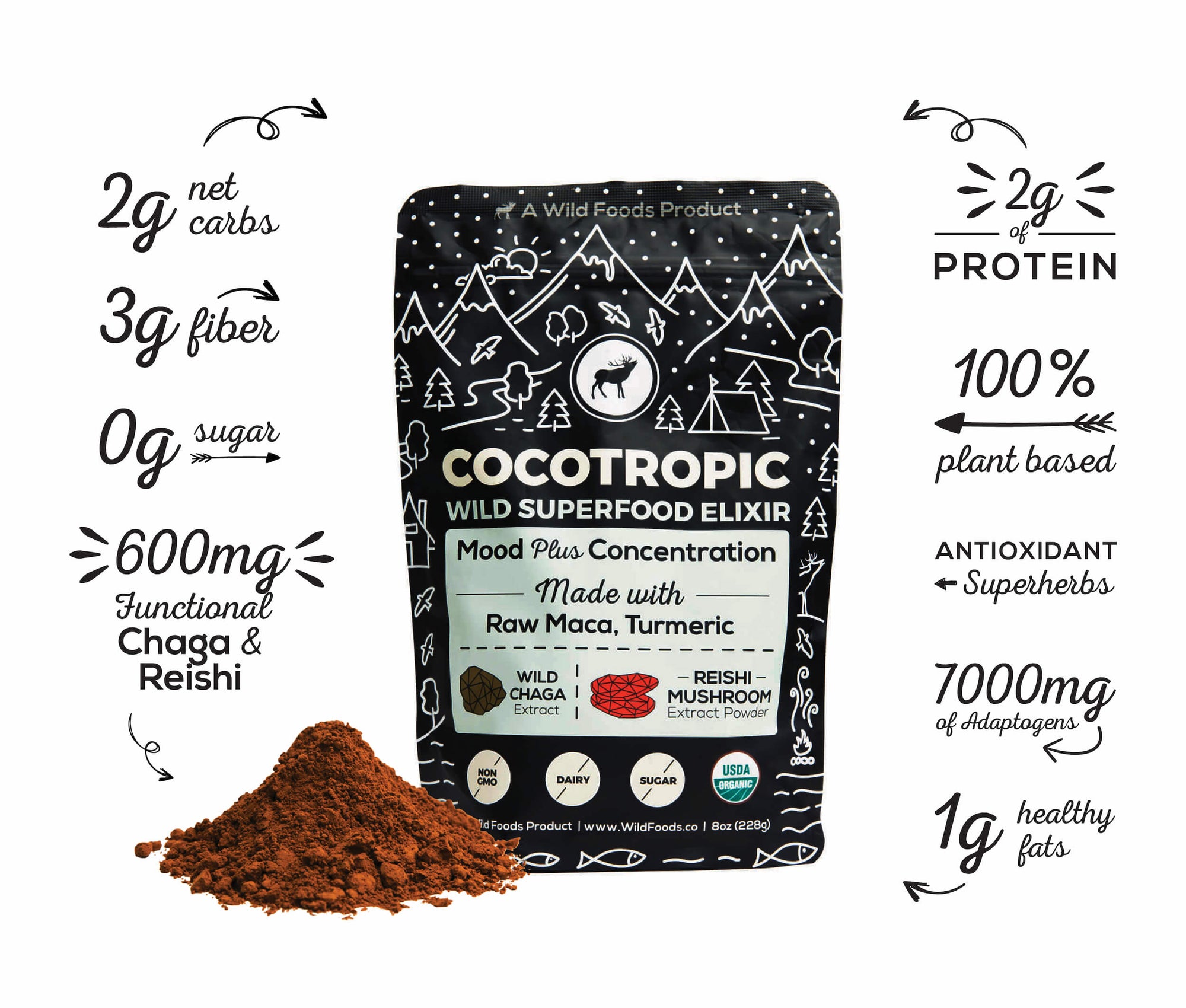 CocoTropic Organic Cocoa Mushroom Mix - Delicious Crash-Proof Energy & Focus - 7000 mg of Adaptogens by Wild Foods