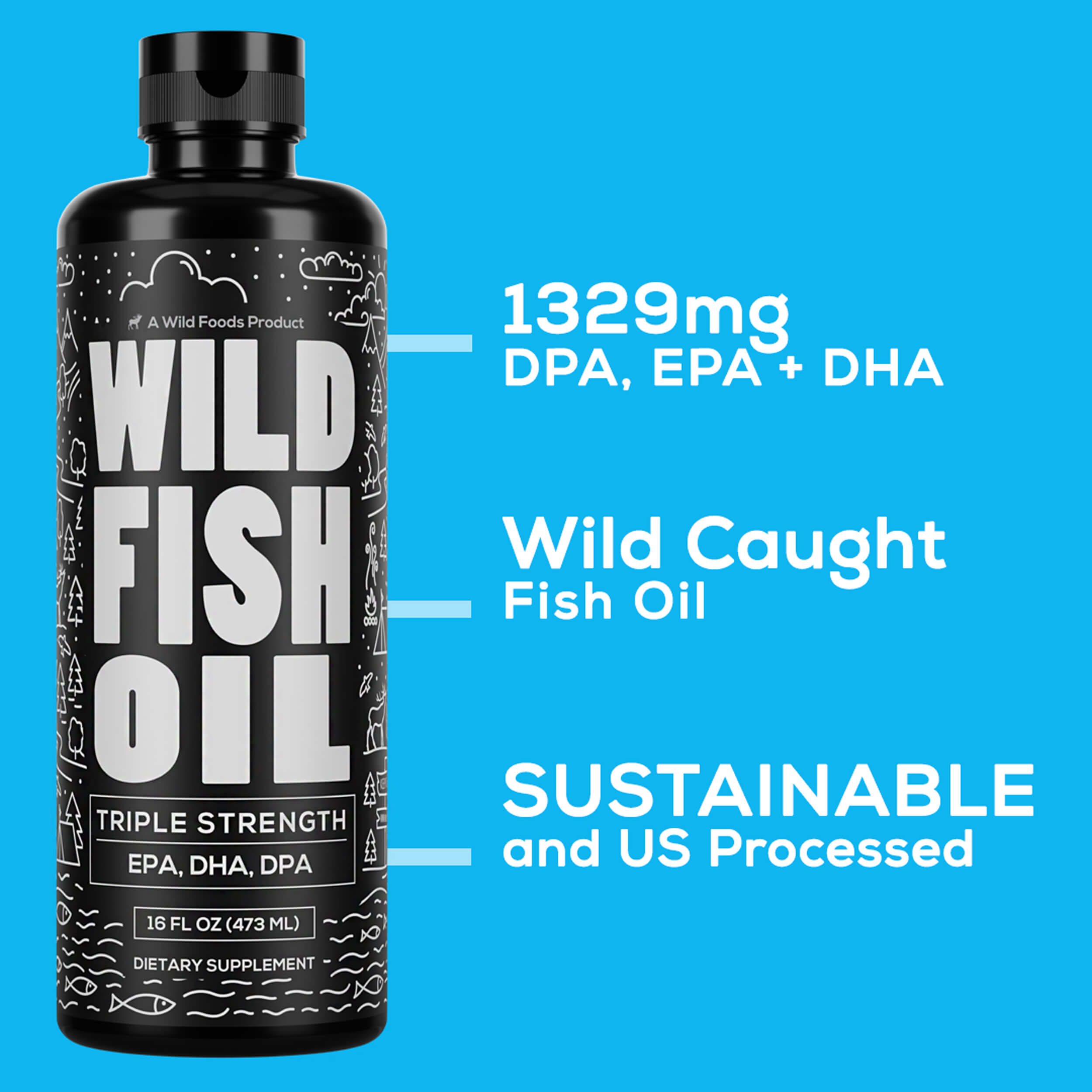 Wild Fish Oil Liquid, 16oz, Omega-3 DHA, EPA, DPA